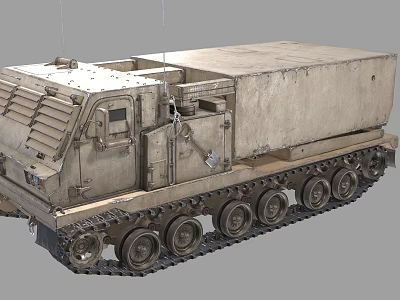 Military Tank Tracked Vehicle With Large Storage Compartment And Weathered Tan Exterior Design 3d model