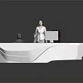 Modern White Curved Reception Desk With Black Chair Monitor And Sculpture