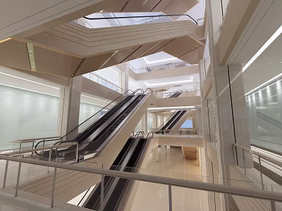 Modern Escalator Hallway Featuring Multi Level Escalators Glass Railings And Bright Geometric Ceiling 3d model
