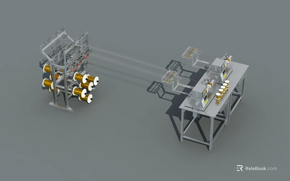 Industrial Equipment Production Line With Multiple Golden Spools And Mechanical Frames 3d model 