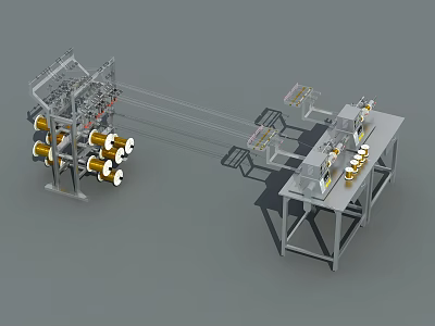 Industrial Equipment Production Line With Multiple Golden Spools And Mechanical Frames 3d model