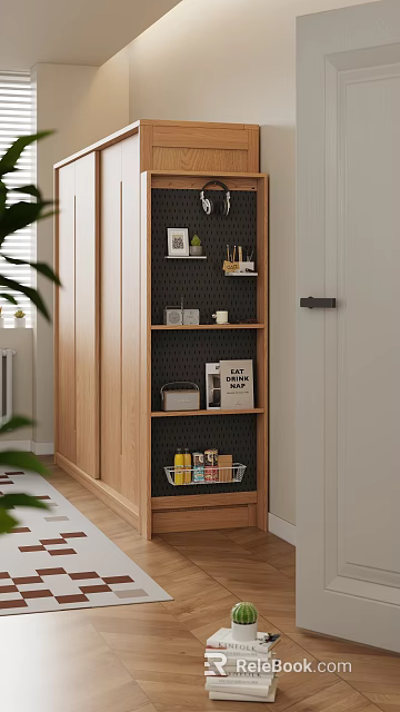 Modern Minimalist Wooden Storage Cabinet with Open Shelves and Decorative Items 3d model 