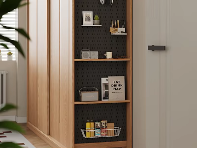 Modern Minimalist Wooden Storage Cabinet with Open Shelves and Decorative Items 3d model