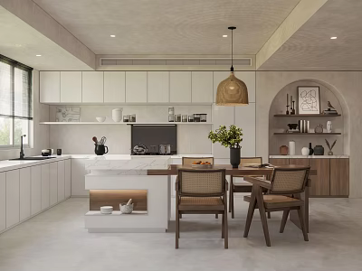 Modern Restaurant Interior With White Cabinets Island Wooden Dining Table Chairs Pendant Light And Plants 3d model