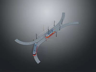 Aerial View Of Tram Crossing Railway Tracks With Two Trams In Urban Scene 3d model