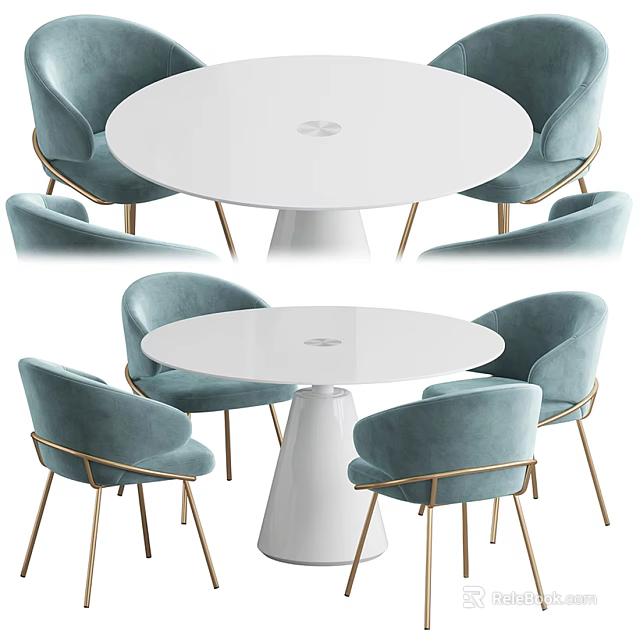 Elegant Modern Round White Dining Table Set With Blue Velvet Chairs And Gold Legs 3d model 