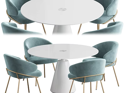 Elegant Modern Round White Dining Table Set With Blue Velvet Chairs And Gold Legs 3d model