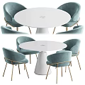 Elegant Modern Round White Dining Table Set With Blue Velvet Chairs And Gold Legs