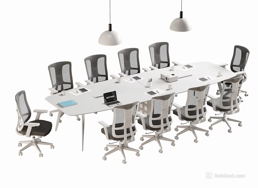 Modern White Conference Table With Office Chairs Hanging Lights And Supplies 3d model 
