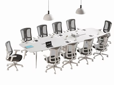 Modern White Conference Table With Office Chairs Hanging Lights And Supplies 3d model