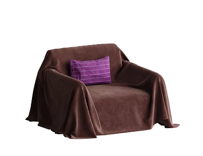Cozy Brown Single Sofa with Soft Blanket and Purple Striped Pillow 3d model