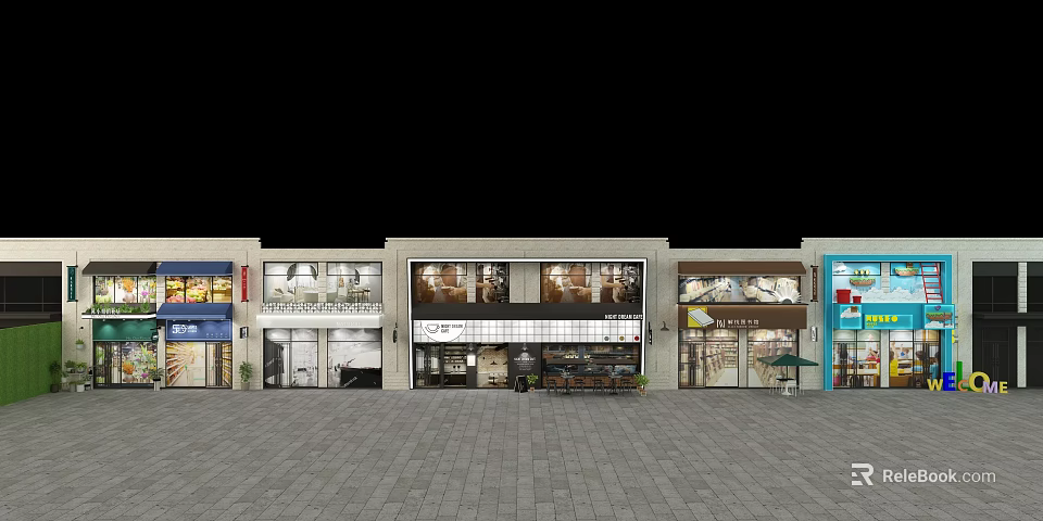 Vibrant Commercial Street Featuring Diverse Storefronts Bright Shop Windows And Paved Square 3d model 