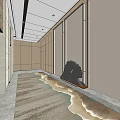 Modern Elevator Hallway Interior With Stone Walls Carpet And Ceiling Lights 3d model