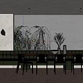 Modern Restaurant Interior With Long Dining Table Green Booth Seating Large Windows And Plants Outside 3d model