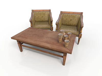 Two Upholstered Single Sofas With Wooden Coffee Table And Decorative Stacked Cups 3d model