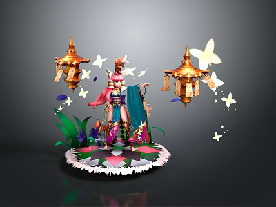 Decorative Scene Composition With Pink Haired Figure Blue Attire Golden Lanterns Butterflies And Green Plants 3d model