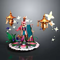 Decorative Scene Composition With Pink Haired Figure Blue Attire Golden Lanterns Butterflies And Green Plants