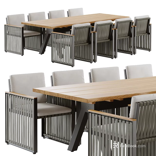 Modern Dining Table Set With Wooden Top And Metal Frame Chairs 3d model 
