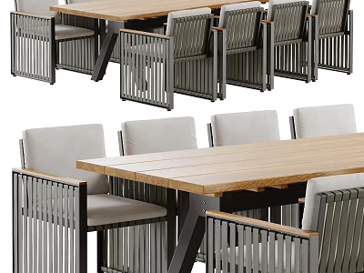 Modern Dining Table Set With Wooden Top And Metal Frame Chairs 3d model