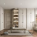 Elegant Walk In Closet With Cabinets Bench Vanity Chair And Rug
