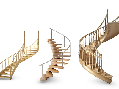 Curved Wooden Spiral Staircase Modern Interior Design With Handrails And Steps 3d model