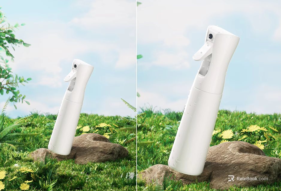 White Cosmetic Perfume Spray Bottle On Green Grass With Yellow Flowers And Blue Sky 3d model 
