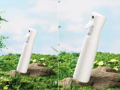 White Cosmetic Perfume Spray Bottle On Green Grass With Yellow Flowers And Blue Sky 3d model