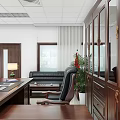 Spacious Bright Executive Office With Full Set Of Solid Wood Furniture And Comfortable Leather Sofa