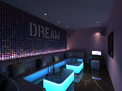 Modern KTV Interior With DREAM Mosaic Wall Purple Walls Comfortable Sofas And Glowing Tables 3d model