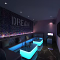 Modern KTV Interior With DREAM Mosaic Wall Purple Walls Comfortable Sofas And Glowing Tables