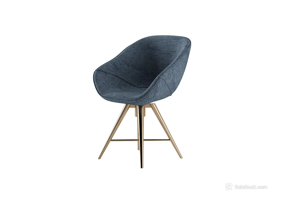 Modern Accent Chair with Dark Blue Fabric Curved Back and Golden Legs for Living Room 3d model 