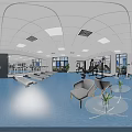 Modern Spacious Fitness Gym Interior With Blue Floor Mirror Walls Bright Lighting And Workout Equipment