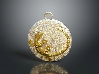 Stylish Circular Pendant With Golden Lizard Design For Fashion Accessory 3d model