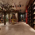 Vibrant Restaurant Interior With Colorful Chairs Wooden Tables Chandelier Flags On Green Walls