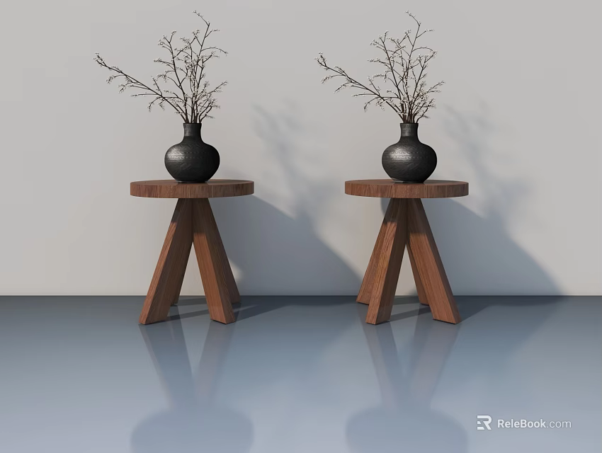 Elegant Sliding Door Interior With Wooden Side Tables Black Vases And Twigs 3d model 