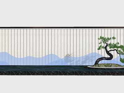 Serene Landscape Wall With Vertical Lines Mountain Pattern And Decorative Pine Tree 3d model