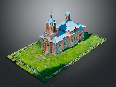 Ancient Church With Two Domes Red Brick Walls Blue Roof Green Grass And Stone Fence 3d model
