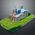 Ancient Church With Two Domes Red Brick Walls Blue Roof Green Grass And Stone Fence