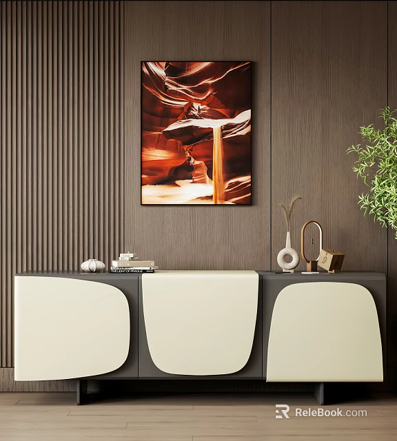 Modern Entryway Cabinet And Side Cabinet With Decorative Painting Green Plant And Vase 3d model 