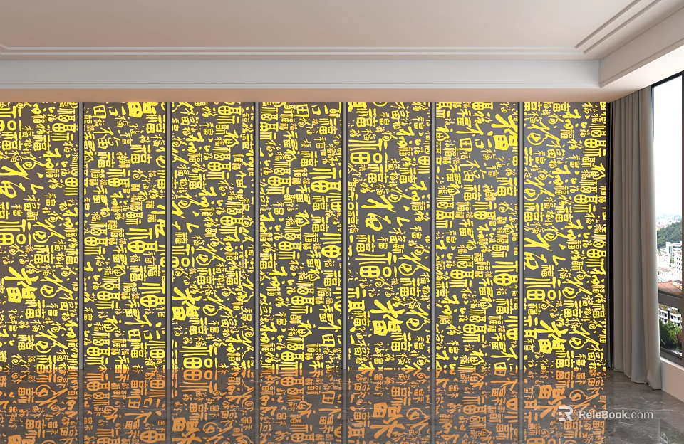 Modern Background Wall With Yellow Black Character Patterns And Panel Design 3d model