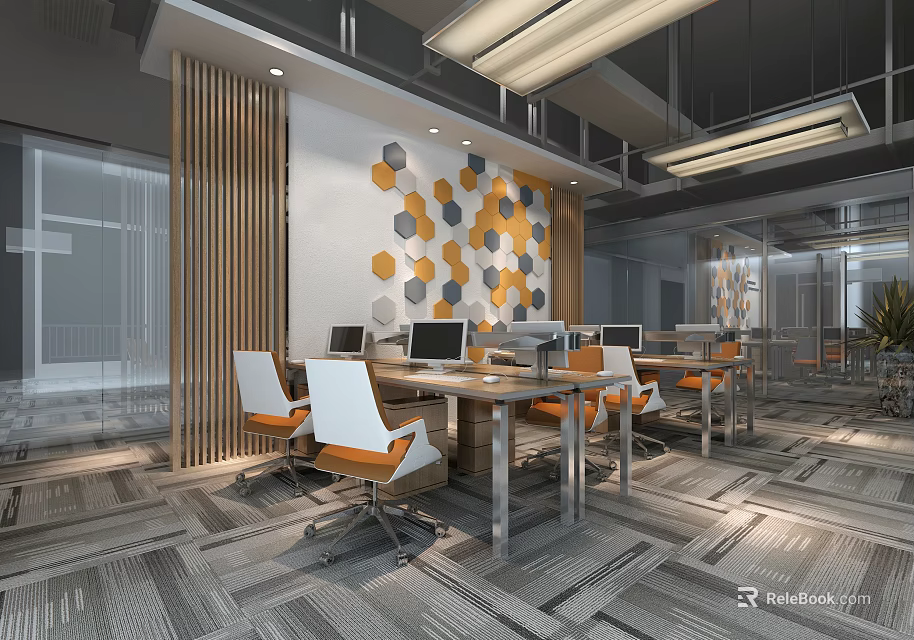 Modern Public Office Space With Workstations Computers And Orange Yellow Hexagonal Wall Decor 3d model