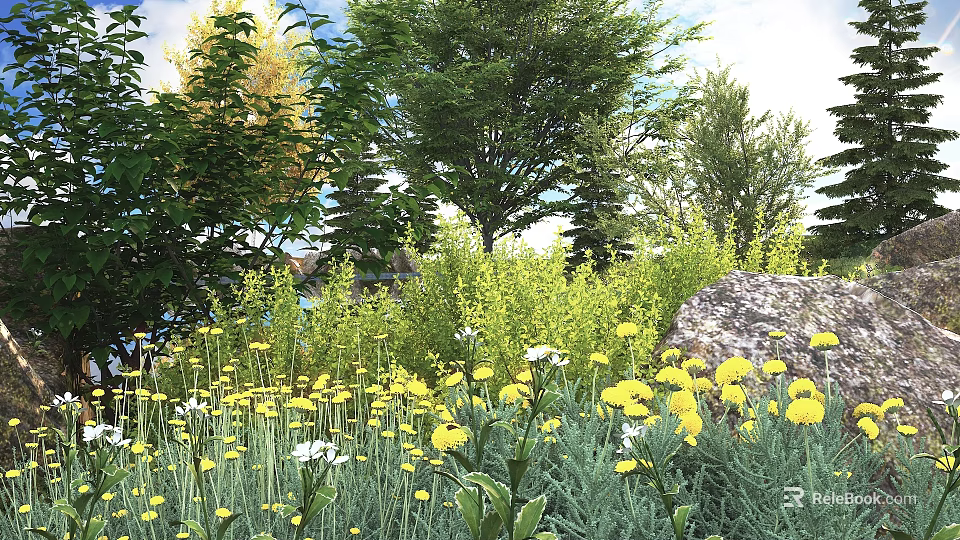 Green Shrubs With Yellow Flowers In Garden Landscape Surrounded By Trees And Rocks 3d model 