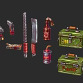 Collection of Vintage Weapons Including Pistols Knives Explosives and Crates