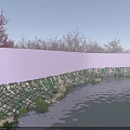 Scenic Lake View With Pink Blossom Trees Stone Embankment Path And Sunlight Reflection
