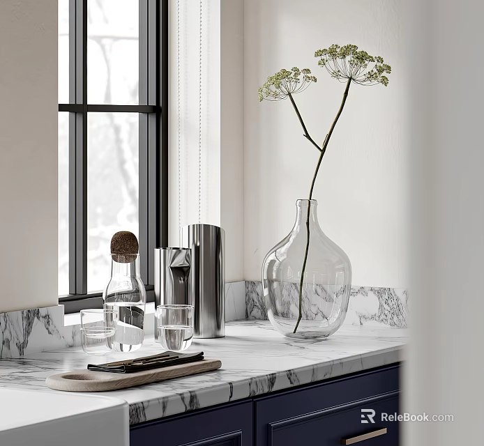 Modern Kitchen Countertop With Marble Surface Glassware Metal Container And Clear Vase On Window Sill 3d model 