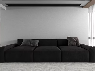 Black Sectional Sofa With Gray And Brown Pillows In Modern Light Gray Wall Interior 3d model