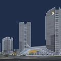 Modern Office Towers With Glass Curtain Walls Illuminated At Night View Multiple High Rise Buildings