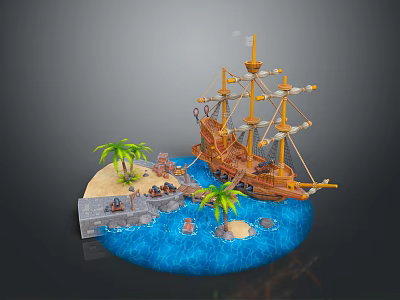 Detailed Pirate Ship Model With Island Palm Trees Water And Sand Scene 3d model