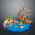 Detailed Pirate Ship Model With Island Palm Trees Water And Sand Scene
