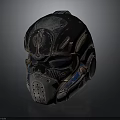 Futuristic Weapon Tactical Helmet With Weathered Metal Mechanical Details And Blue Black Accents